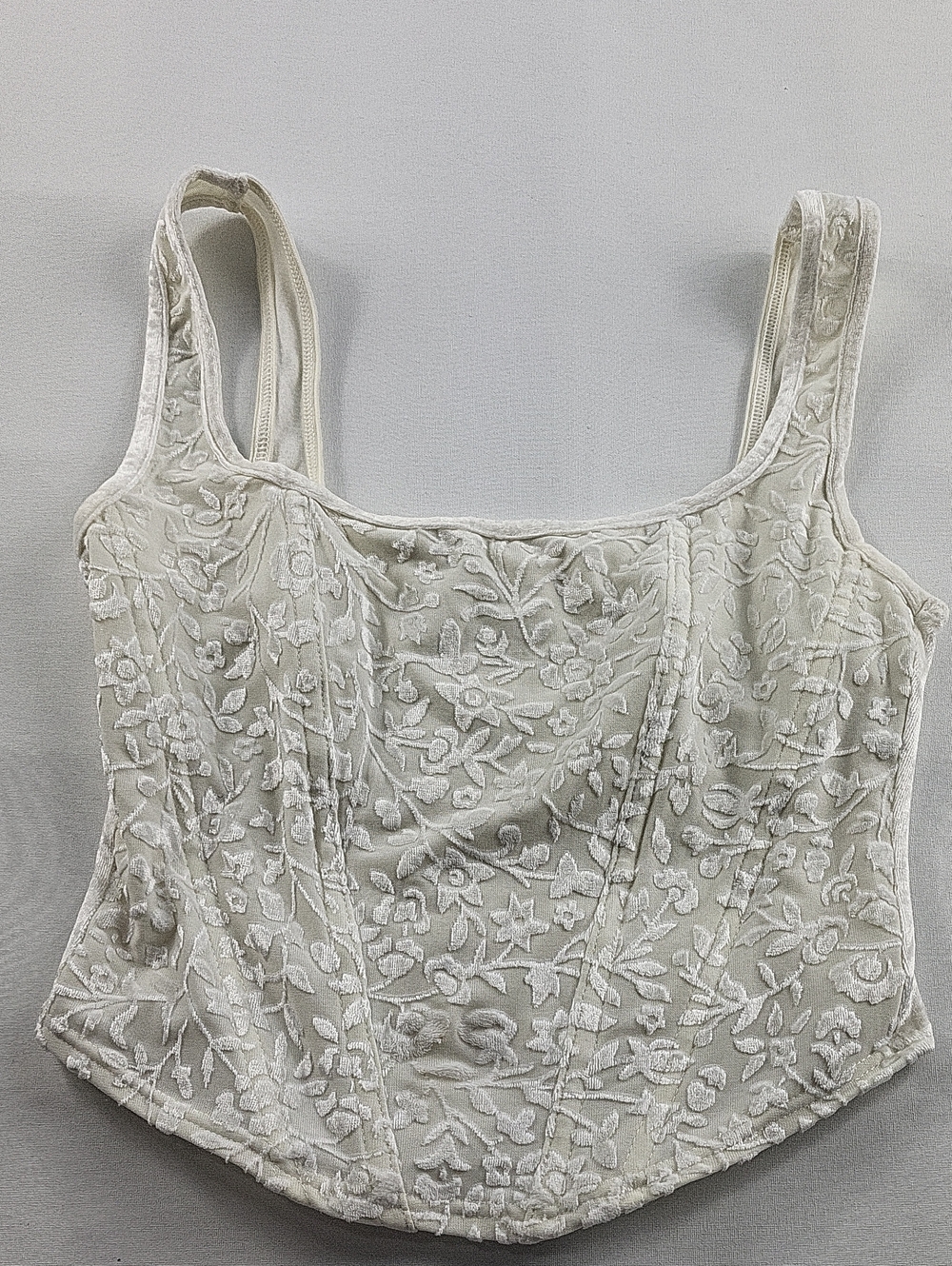 Vintage Cream Velvet Corset Top Devoré Floral Basque Hem